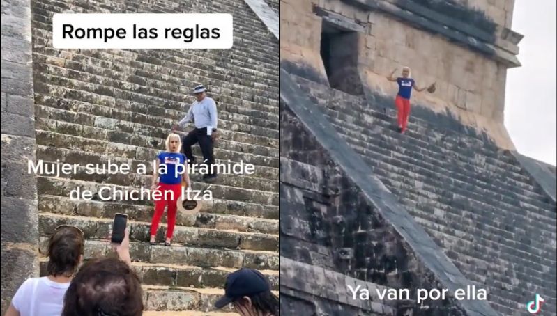 mujer sube pirámide de chichén itzá