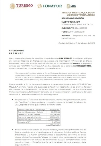 Respuesta sobre árboles talados o removidos por el Tren Maya