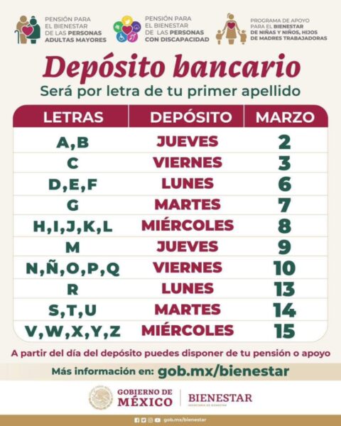 Calendario deposito pension bienestar adultos mayores marzo