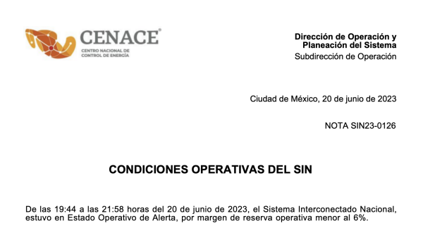 Boletín de Cenace sobre estado operativo de alerta del sistema eléctrico