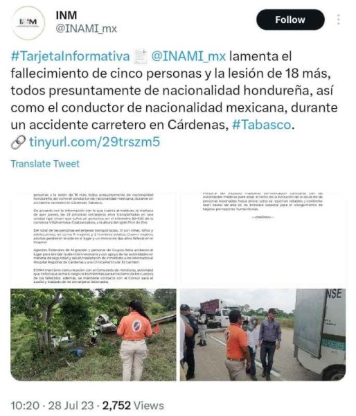 inm comunicado accidente migrantes tabasco
