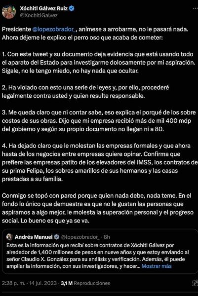 Tuit de Xóchitl Gálvez en respuesta a AMLO