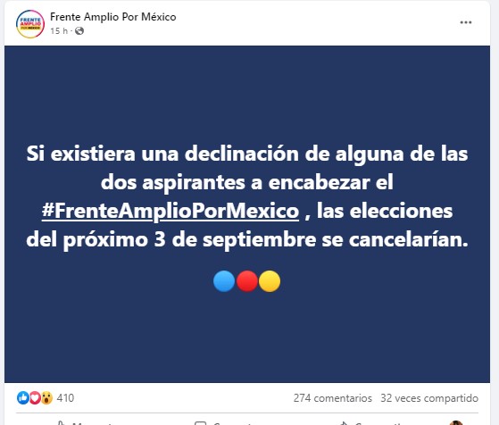 El Frente Amplio explicó en sus redes sociales que de existir alguna declinación en la contienda, se cancelaría la elección primaria programada para el domingo 3 de septiembre. 