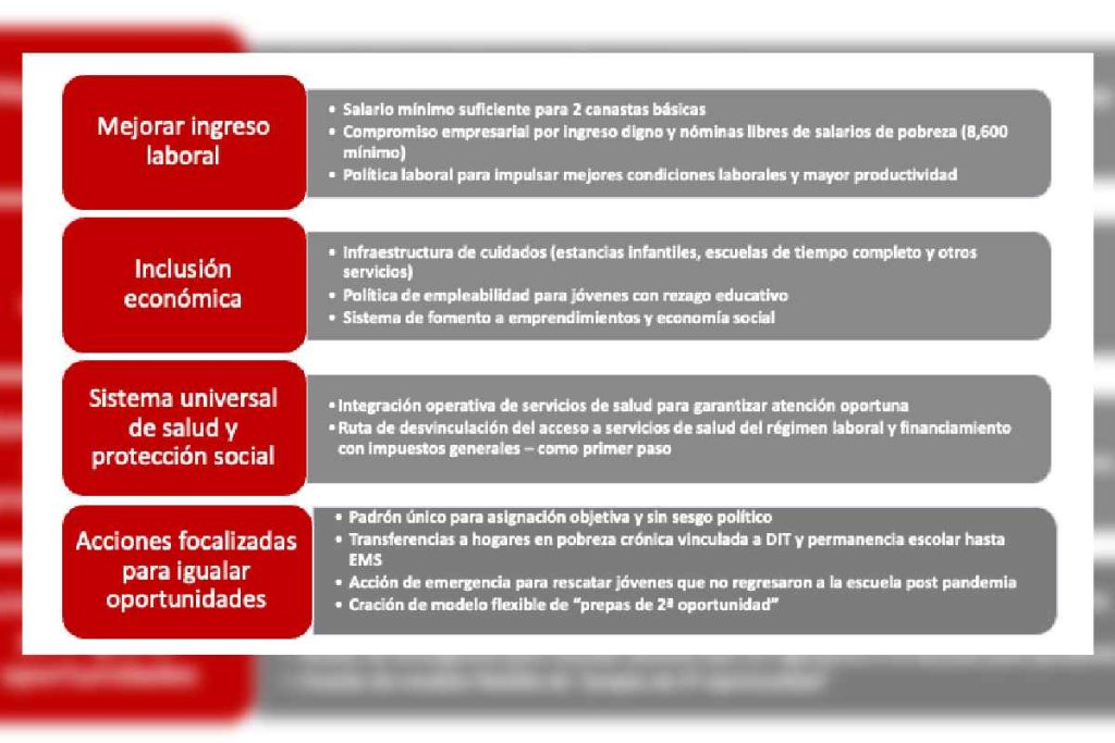 Tabla con recomendaciones para mejorar el ingreso laboral, la inclusión económica, el sistema universal de Salud de Acción Ciudadana Frente a la Pobreza.