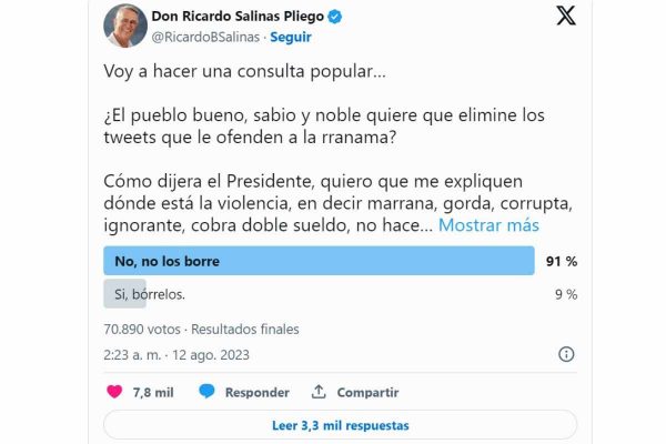 Ricardo Salinas no borrará sus tuits sobre Citlalli Hernández.