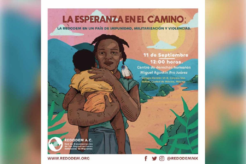 Cartel con la invitación al informe de los 10 años de REDODEM, organización que trabaja con personas migrantes.