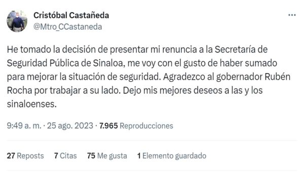 renuncia secretario seguridad Sinaloa Cristobal Castañeda