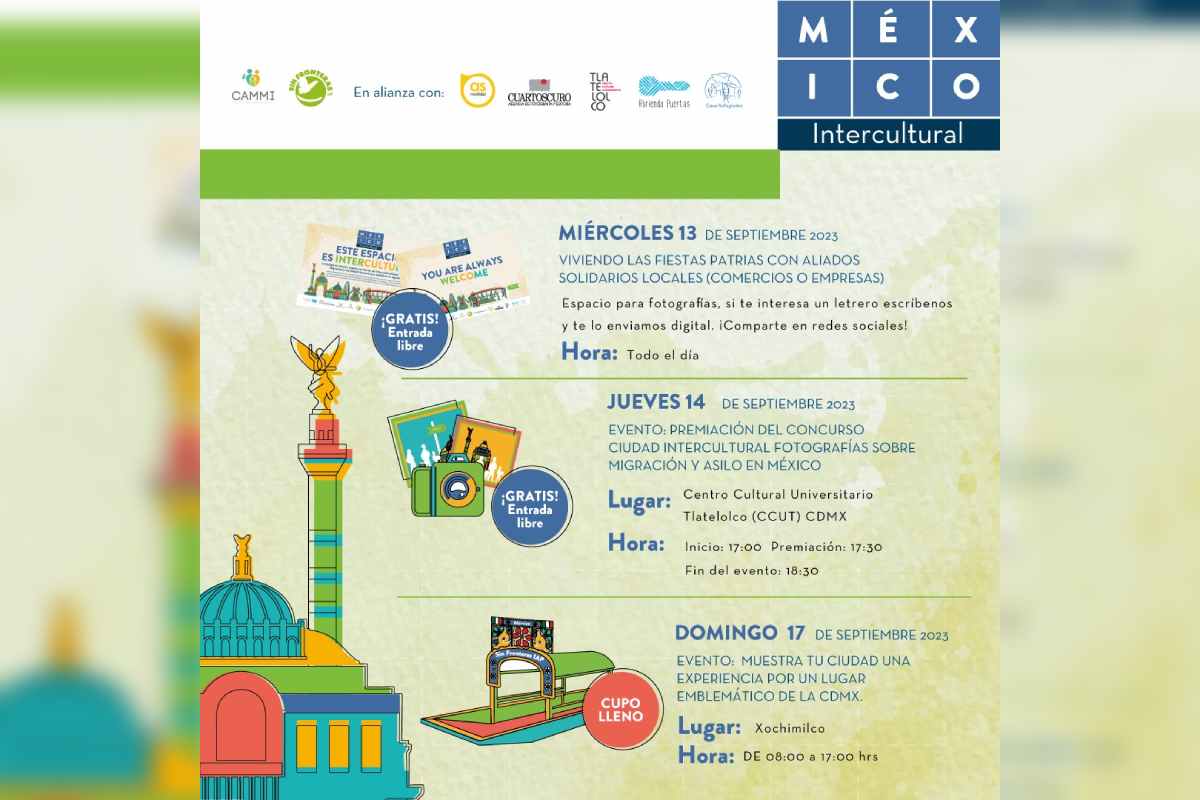 Cartel con el programa del evento Welcoming America, la Semana de Bienvenida en México para personas en movilidad, que se llevará a cabo del 8 al 17 de septiembre en Ciudad de México, Querétaro y Tijuana.
