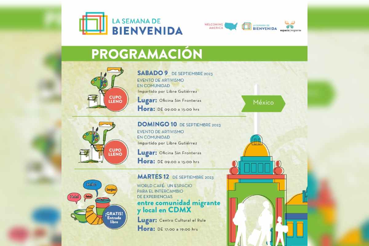 Cartel con información del evento Welcoming America, la Semana de Bienvenida en México para personas en movilidad que se llevará a cabo del 8 al 17 de septiembre en Ciudad de México, Querétaro y Tijuana