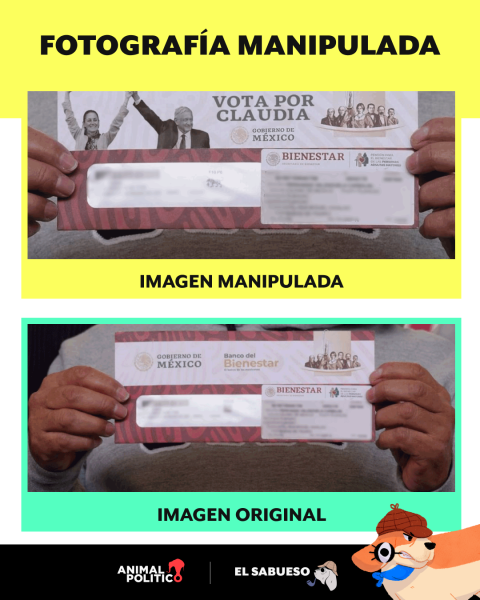 La versión original no contiene el logo de apoyo, ni la ilustración de Sheinbaum con Obrador, como aseguran en redes.