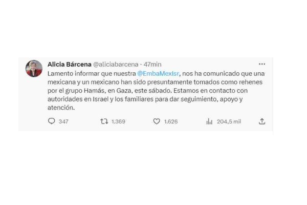 Alicia Bárcena confirmó el secuestro de dos mexicanos en Israel