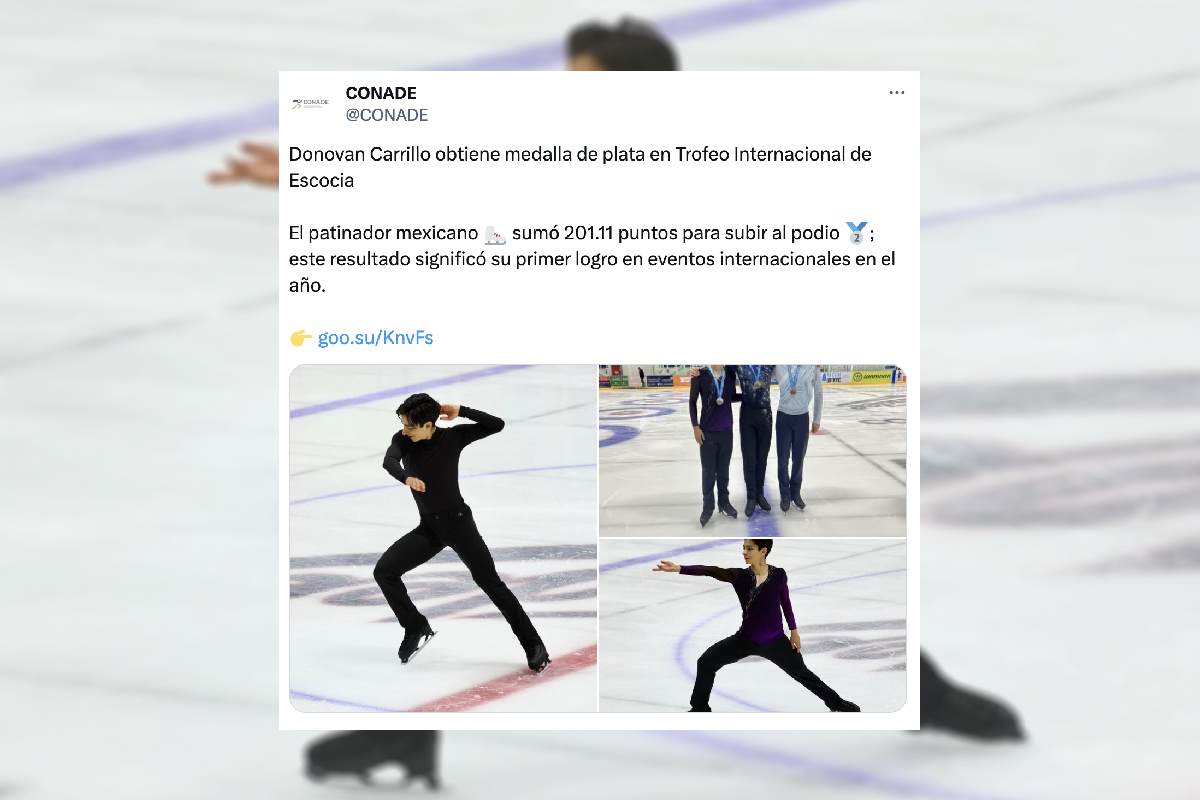 "Donovan Carrillo obtiene medalla de plata en Trofeo Internacional de EscociaEl patinador mexicano sumó 201.11 puntos para subir al podio 🥈; este resultado significó su primer logro en eventos internacionales en el año", publicó la Conade en sus redes sociales.