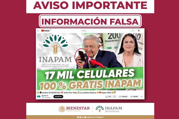 Es falso que el INAPAM dará celulares de hasta 6 mil pesos a las personas inscritas, al contrario de lo que circuló en redes sociales.