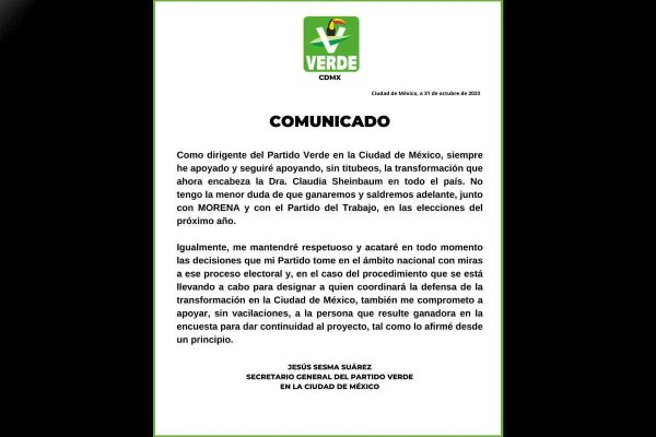 Comunicado de Jesús Sesma, secretario del PVEM en la CDMX
