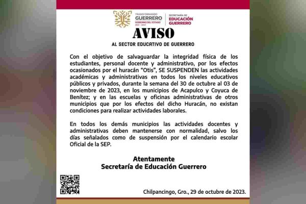 Suspensión de clases en Acapulco y Coyuca de Benítez.
