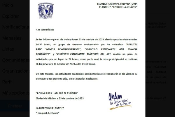 Comunicado sobre la toma de la Prepa 7 de la UNAM en CDMX