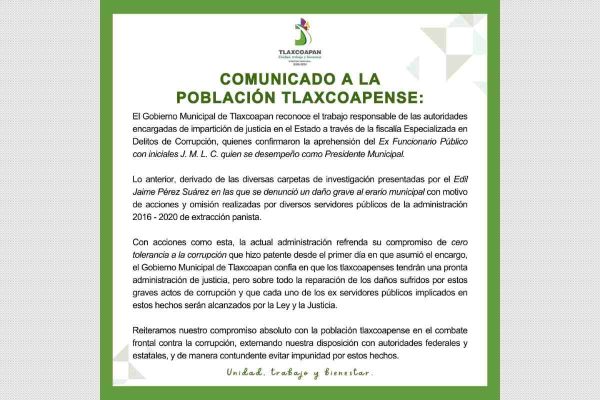 Comunicado del gobierno de Tlaxcoapan sobre la detención del exalcalde Jovani 'N'