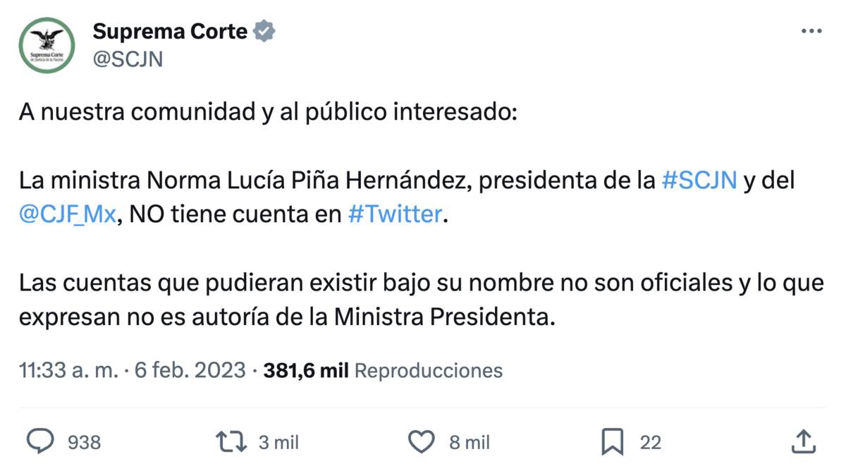 SCJN aclara que la ministra Piña no tiene cuenta en X