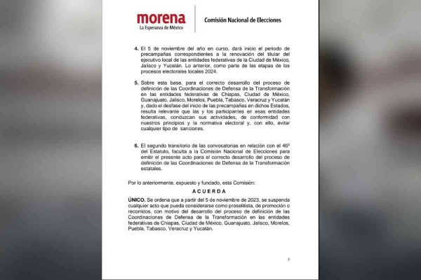 Acuerdo de Morena para suspender recorridos proselititas.