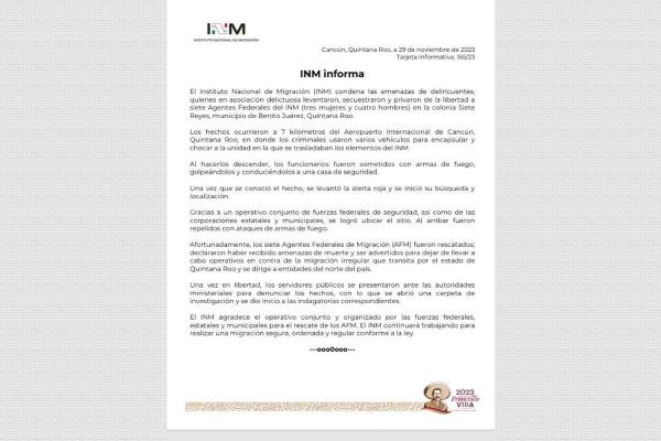 Comunicado del INM sobre el secuestro de siete agentes