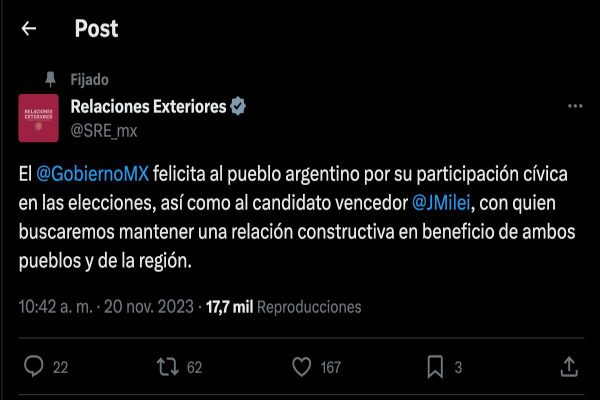 AMLO no publicó en X, antes Twitter, alguna declaración en contra de Milei el día de las elecciones argentinas, al contrario de lo que usuarios afirman.