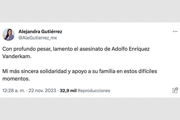 Tuit de Alejandra Gutiérrez Campos, alcaldesa de León, sobre el asesinato del actvista Adolfo Enríquez Vanderkam