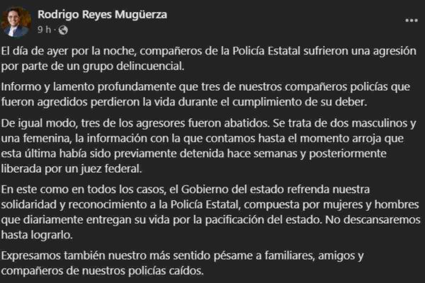 Comunicado sobre ataque a policías en Zacatecas