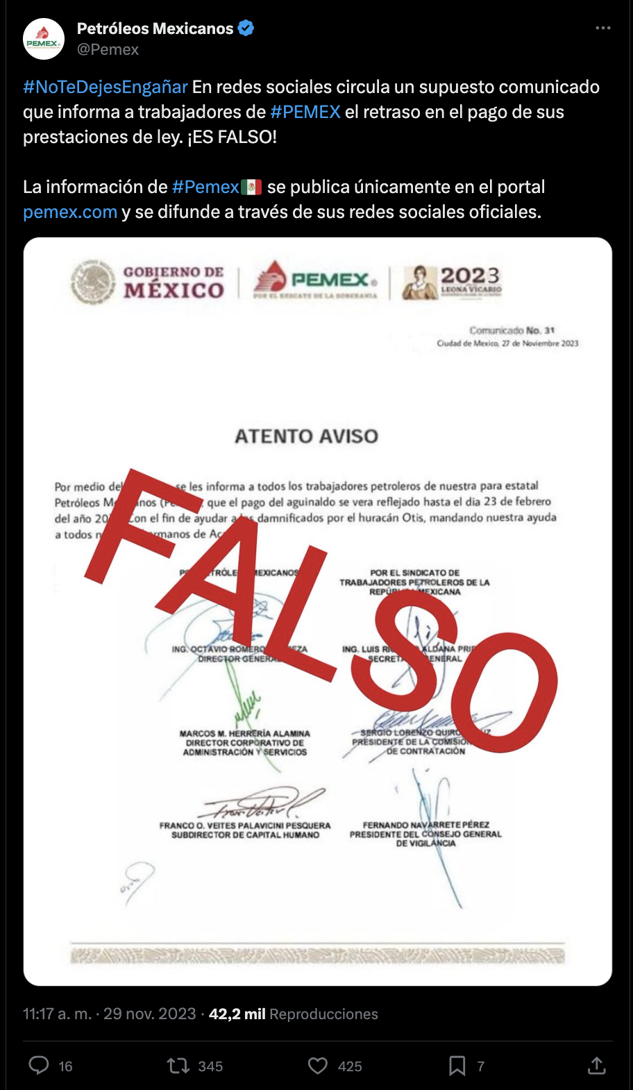 Comunicado de Pemex sobre pago de aguinaldos hasta febrero por Huracán