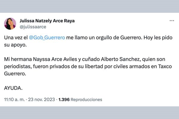 Tuit de Julissa Natzely Arce Raya sobre el secuestro de su hermana y cuñado en Taxco, ambos periodistas