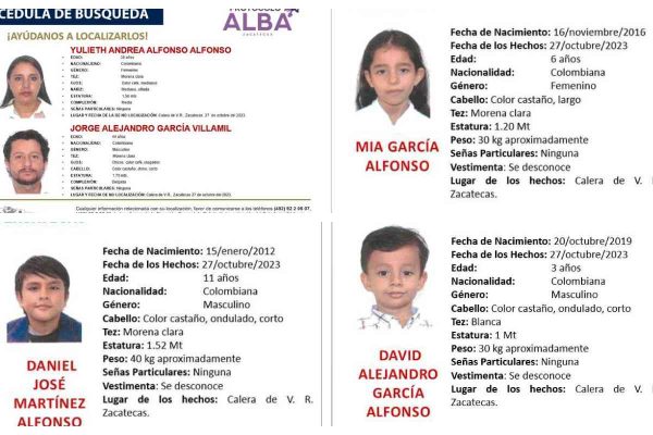 Una familia de cinco personas, tres de ellos menores de edad, desapareció en Zacatecas.