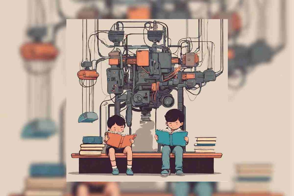 Ilustración de menores en la escuela leyendo libros.