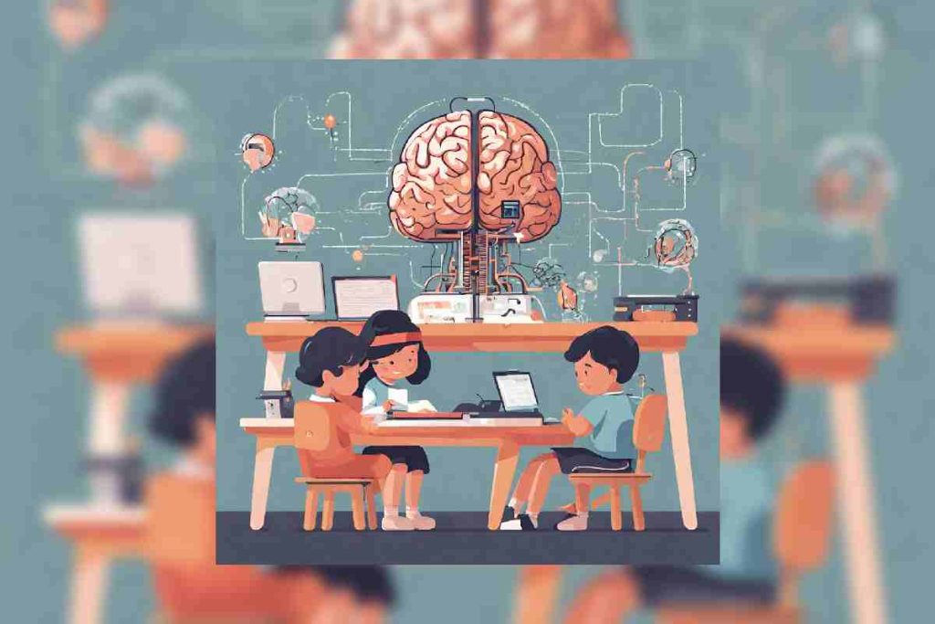 Ilustración de menores en la escuela con computadoras.