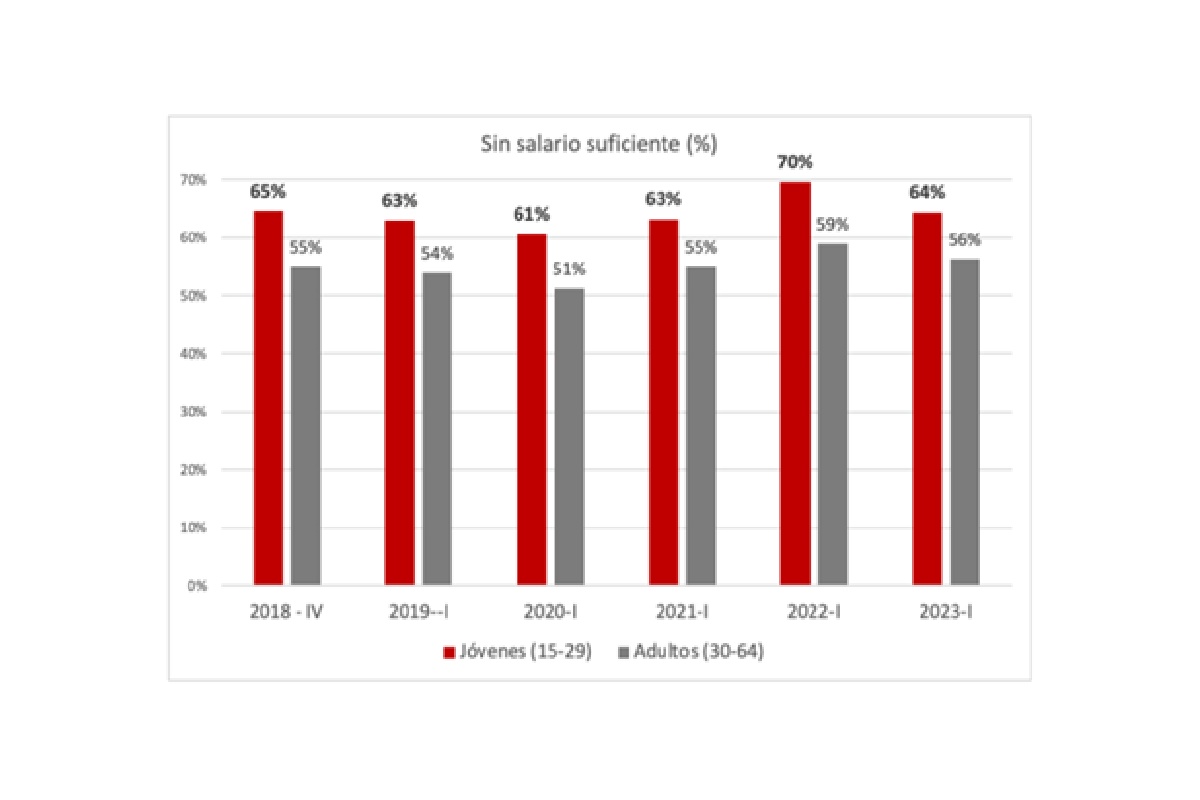 Gráfica con los porcentajes de personas sin salario suficiente, con la diferenciación entre jóvenes y adultos.