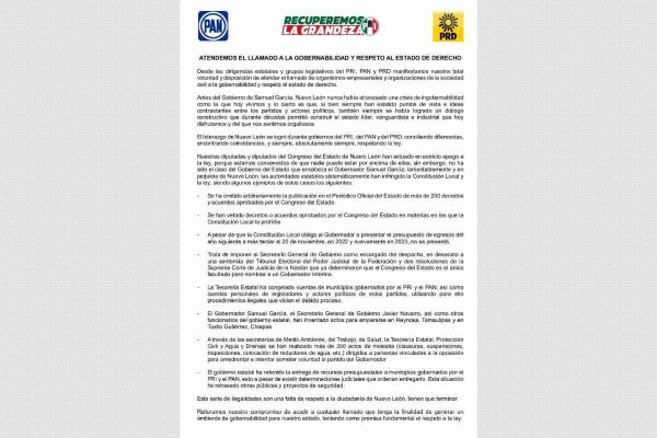 Documento de llamado de al diálogo del PRI, PAN y PRD en Nuevo León