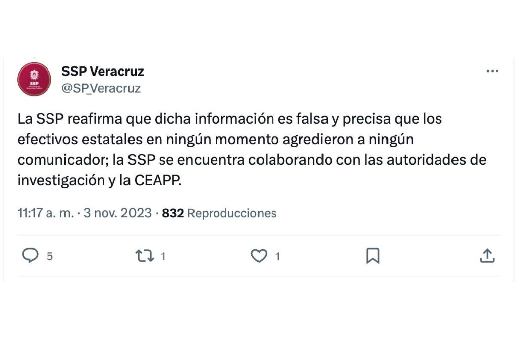 Tuit de la SSP de Veracruz negando las agresiones contra periodistas que fueron documentadas en video.