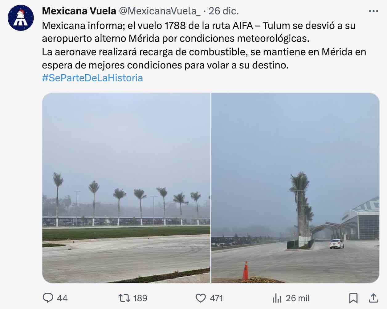 Captura de tuit publicado por Mexicana de Aviación en X.