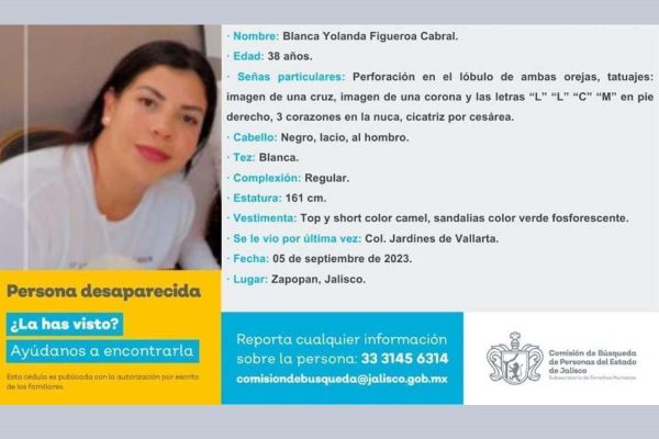 Blanca Yolanda Figueroa Cabral, desaparecida desde el pasado 5 de septiembre en Zapopan, Jalisco
