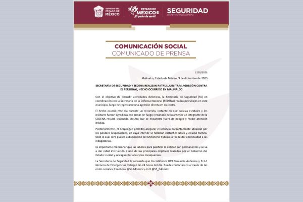 Comunicado sobre el ataque a policías estatales y militares en Malinalco