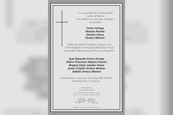 Esquela de los cinco alumnos de medicina asesinados en Celaya, Guanajuato.
