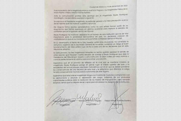Comunicado de los magistrados sobre el mensaje de Reyes Rodríguez, presidente del Tribunal Electoral.