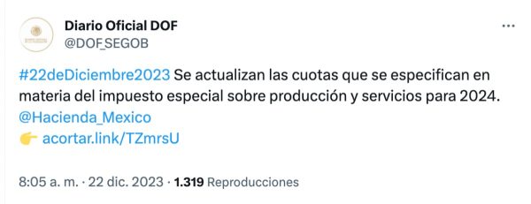 Hacienda anuncia que el Impuesto Especial sobre Producción y Servicios aumentará 4.32% a partir de enero del 2024.
