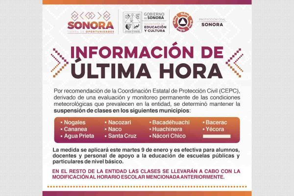 Anuncio del gobierno de Sonora sobre la suspensión de clases en diversos municipios debido al frío.