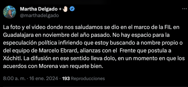 Martha Delgado, colaboradora cercana al excanciller Marcelo Ebrard, aclaró desde su cuenta de X, antes Twitter, que el video fue grabado en 2023 en la FIL Guadalajara