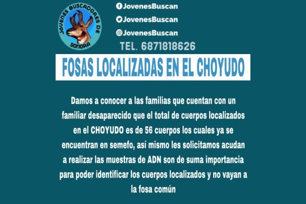 Anuncio del colectivo Jóvenes Buscadores de Sonora sobre los cuerpos hallados en fosas en El Choyudo.