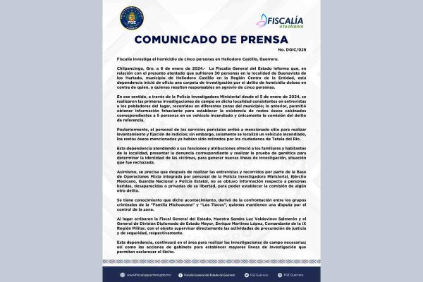Comunicado de la Fiscalía de Guerrero sobre ataque en Heliodoro Castillo que dejó cinco muertos.