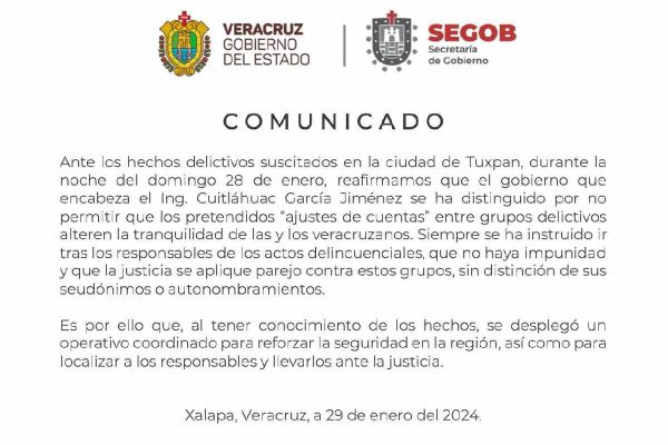 Comunicado del gobierno de Veracruz sobre el hallazgo de segmentos humanos en Tuxpan.