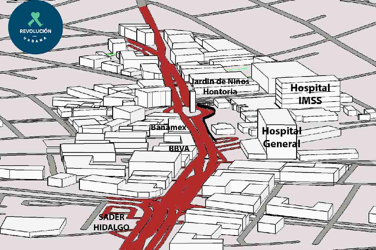 Mapa con la distribución de los puentes antipeatonales en Pachuca, Hidalgo.