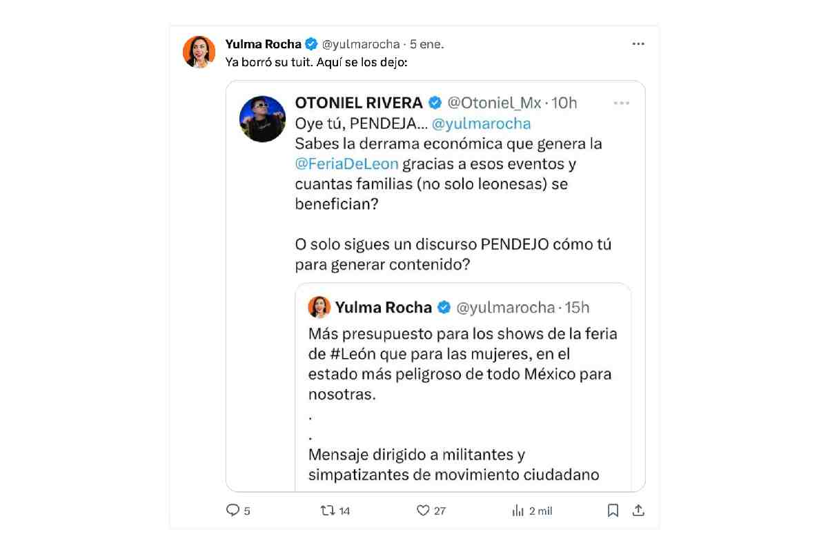 Tuit de Otoniel Rivera, contratista del gobierno de Guanajuato, del PAN, insultando a Yulma Rocha, diputada de MC.