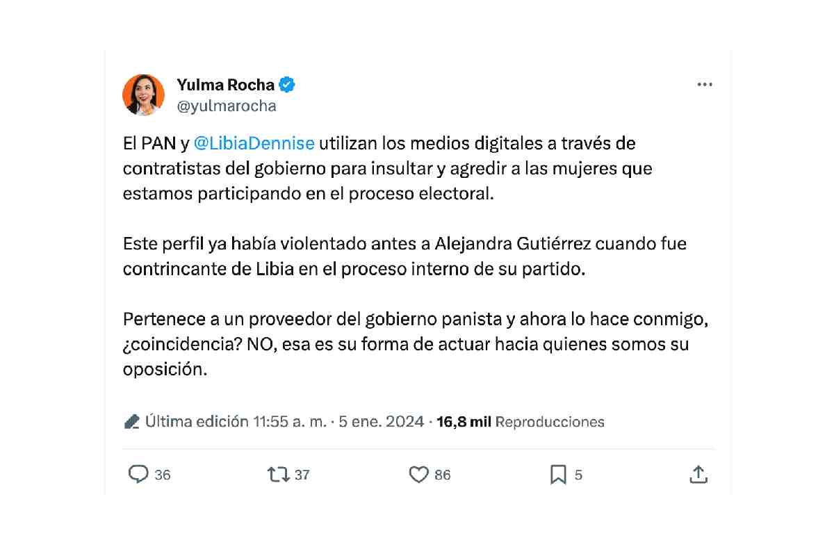 Tuit de Yulma Rocha, precandidata de MC a la gubernatura de Guajuato, donde denuncia acoso del PAN.