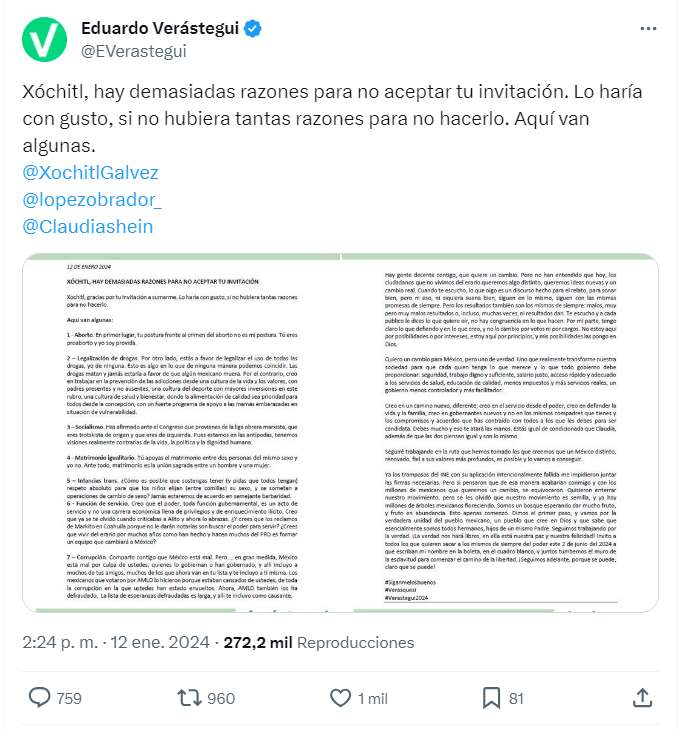 Verástegui difunde desinformación antiderechos en carta a Xóchitl